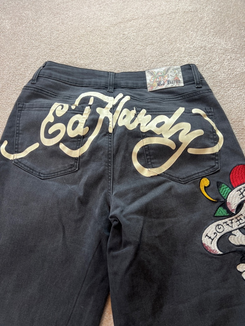 Ed Hardy Black Denim Jeans Love Kills Slowly Skull Tattoo Graphic Size 30